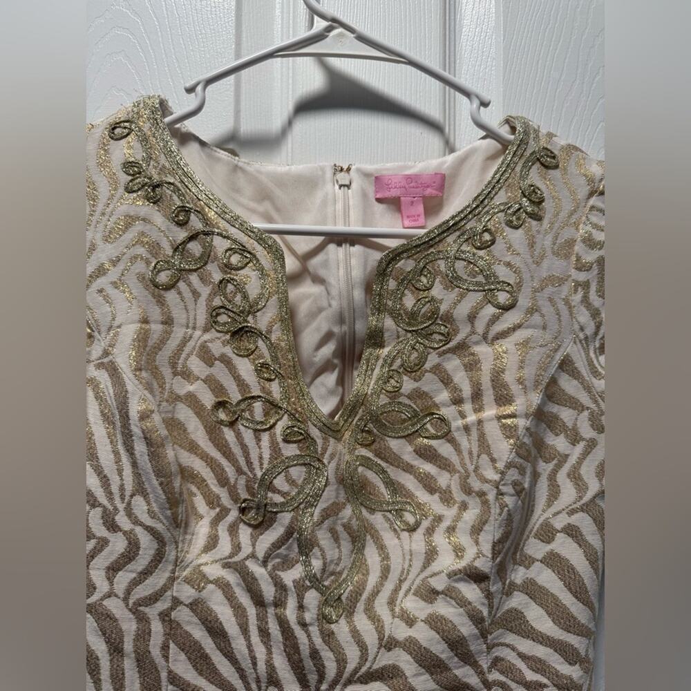 Lilly Pulitzer Milannia Gold Metallic Zebra Stripe Jacquard Shift Dress Size 2 - Picture 4 of 7